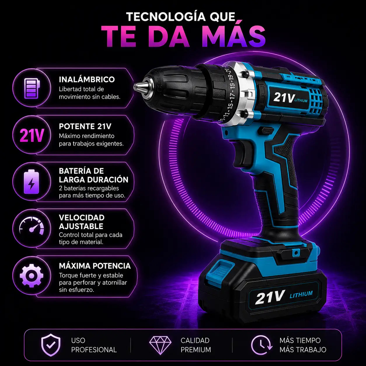 Taladro Inalámbrico 21V Profesional + Kit Completo