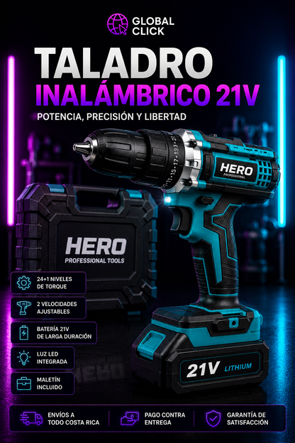 Taladro Inalámbrico 21V Profesional + Kit Completo